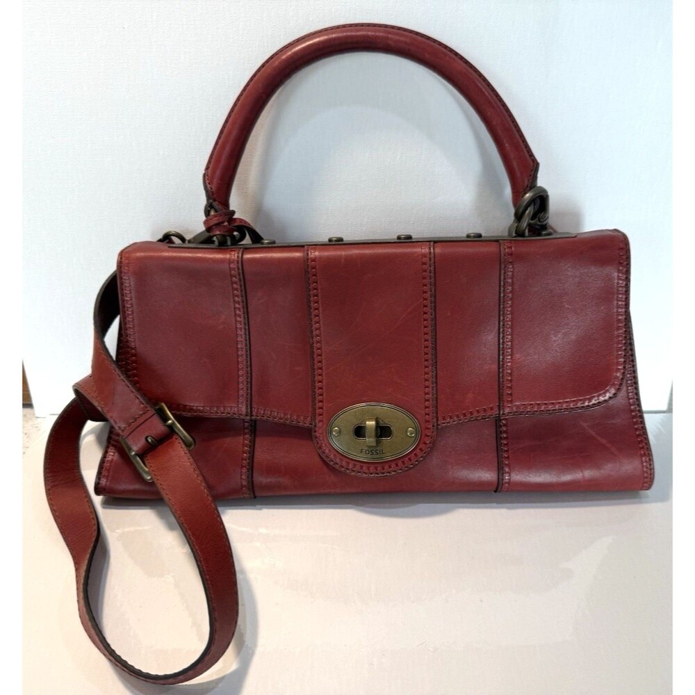 Vtg  Fossil Y2K Revival Frame Satchel Burgundy Leather Purse Turn Lock Flap Key